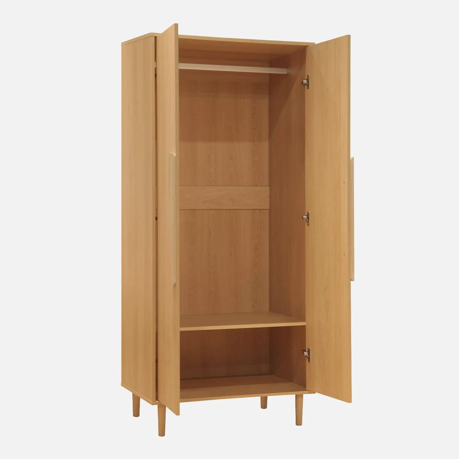 Wardrobe with wood effect, 2 doors, 1 bar and 2 shelves
