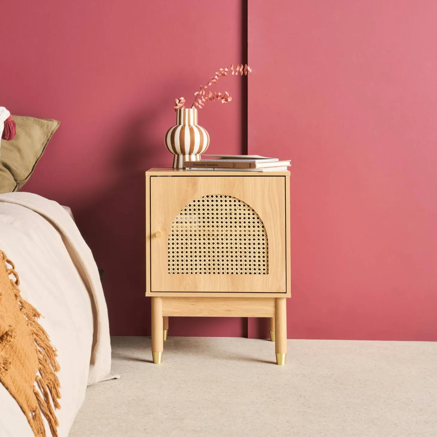Wood and cane bedside table 1 door (set of 2)