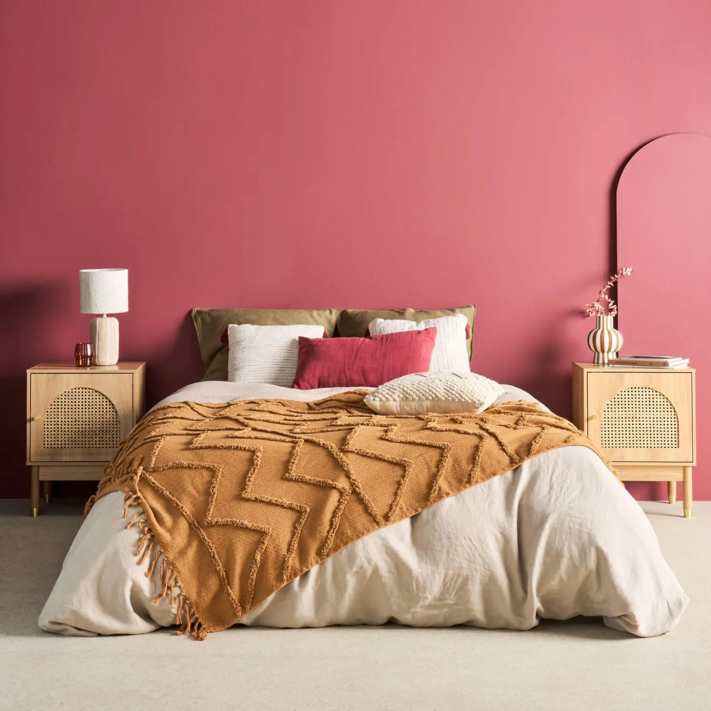 Wood and cane bedside table 1 door (set of 2)