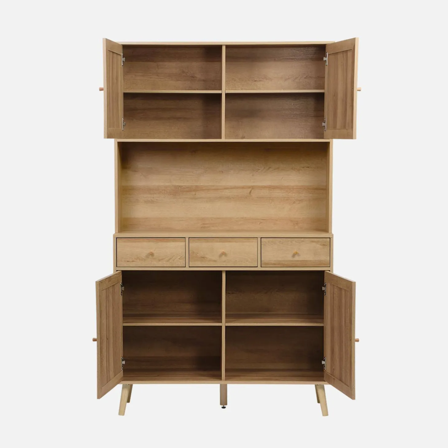 Wood and cane buffet with 4 doors and 3 drawers, 110 cm.