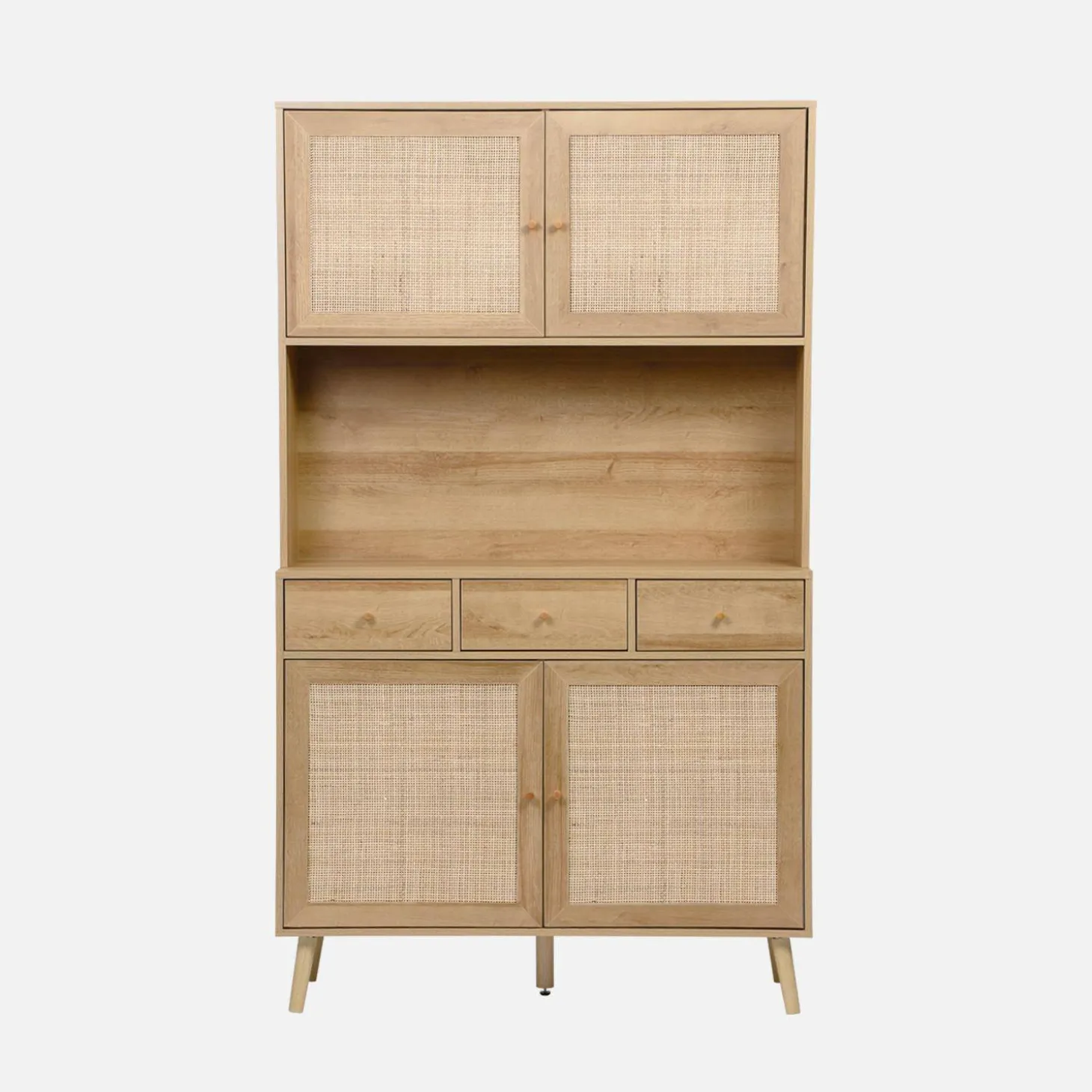Wood and cane buffet with 4 doors and 3 drawers, 110 cm.