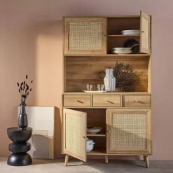 Wood and cane buffet with 4 doors and 3 drawers, 110 cm.