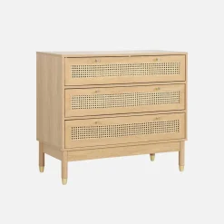 Wood and cane chest of drawers, 3 drawers