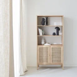 Wood and cane effect bookshelf, 4 levels