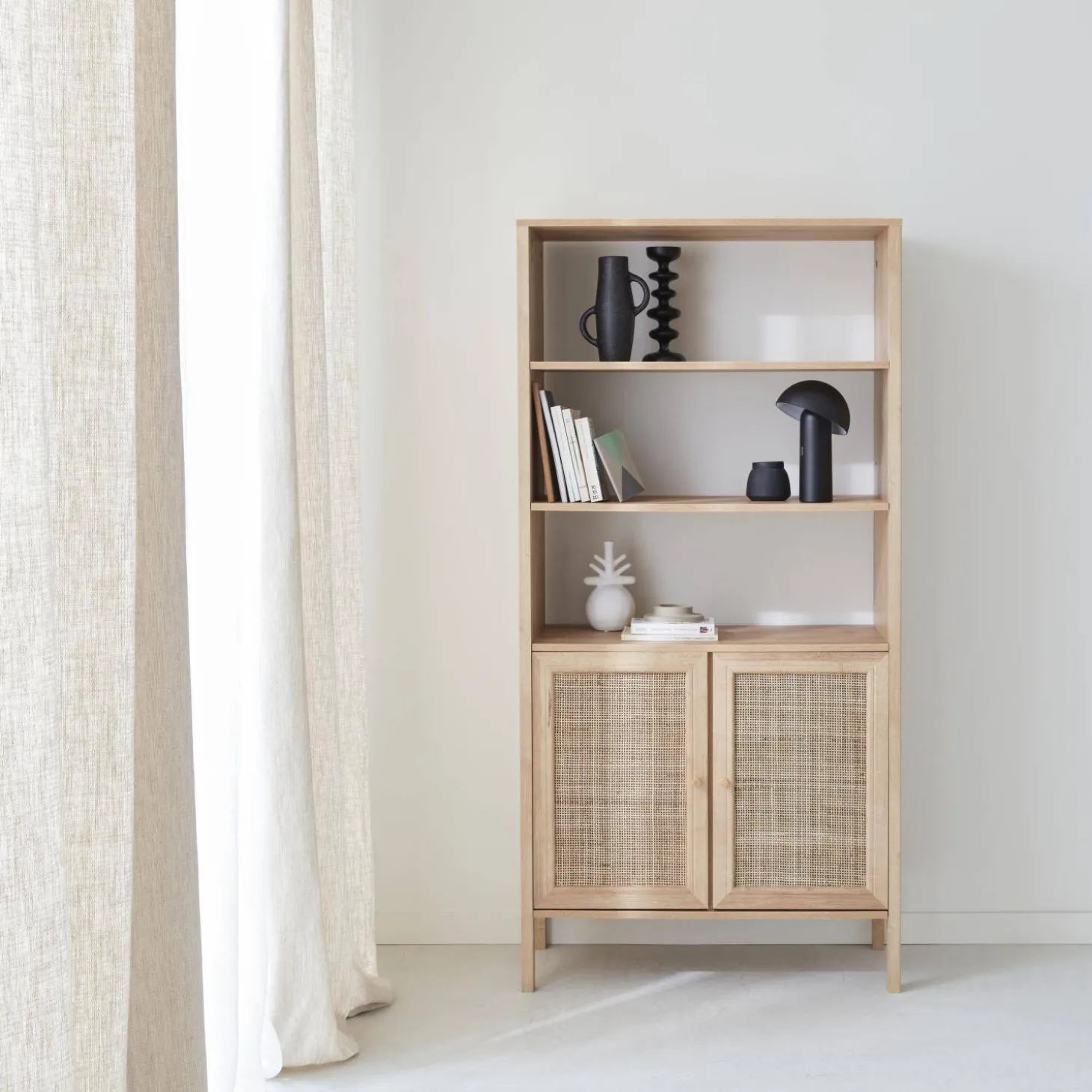 Wood and cane effect bookshelf, 4 levels