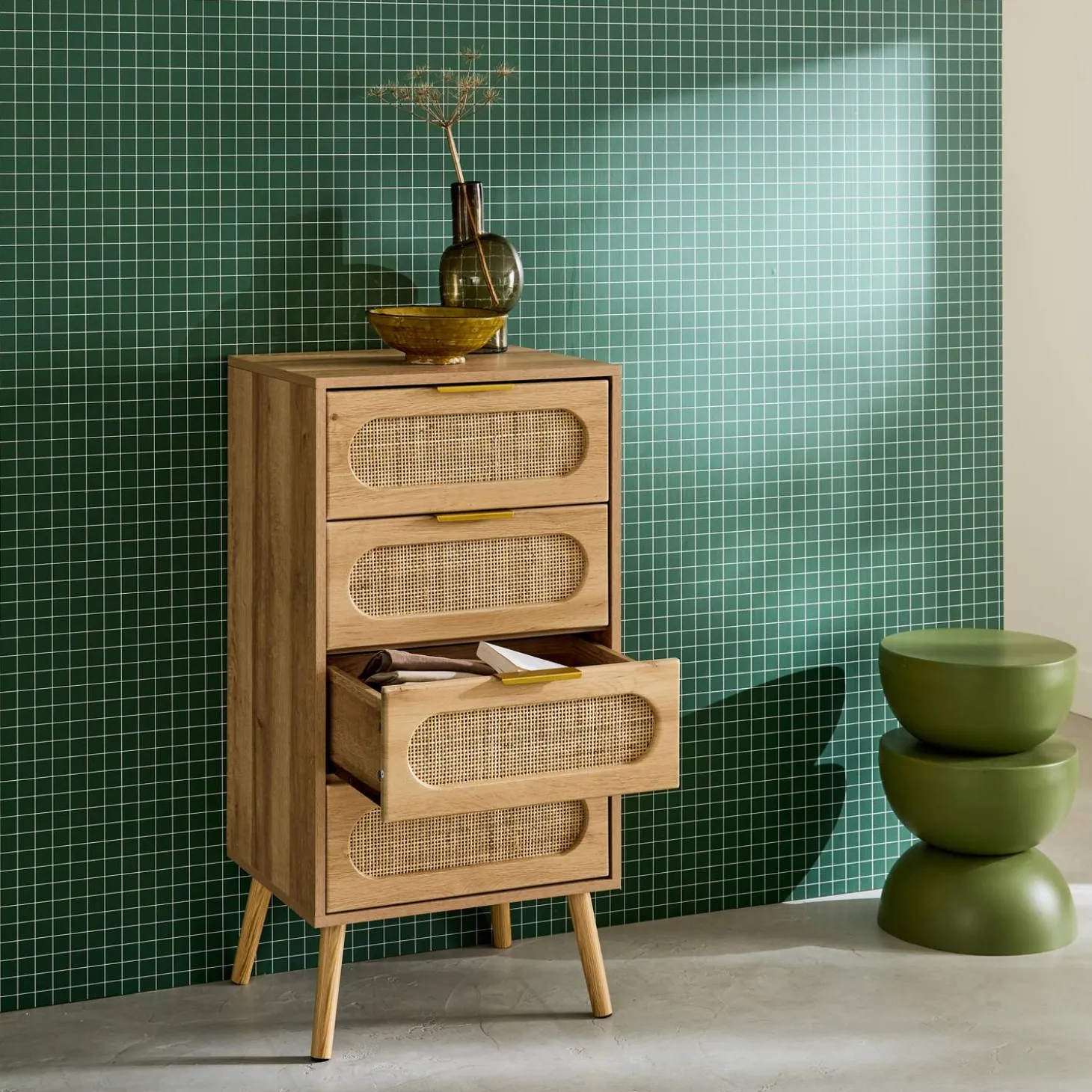 Wood and cane effect 4-drawer chest