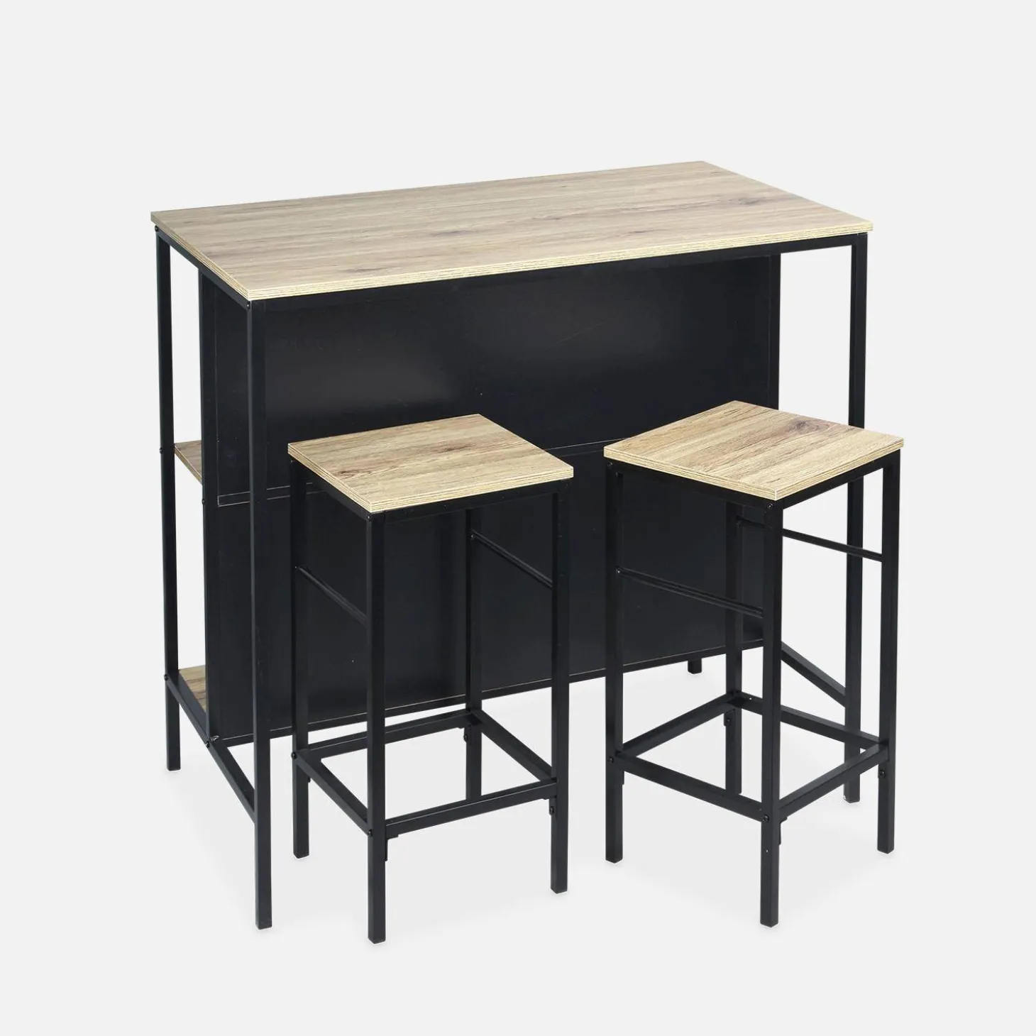 Wood and metal high table with 2 stools