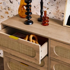 Wood and rounded cane chest of drawers, 6 drawers