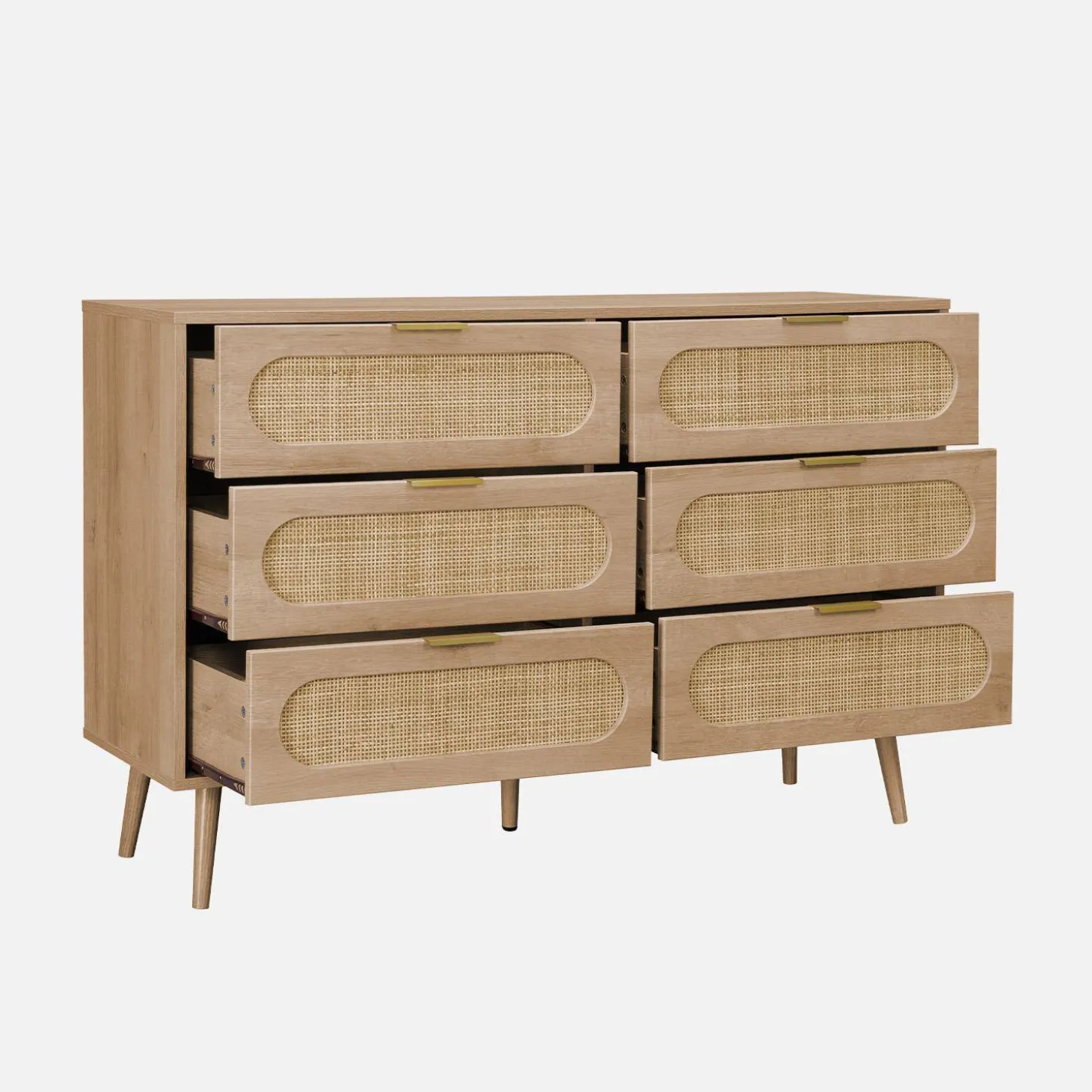 Wood and rounded cane chest of drawers, 6 drawers
