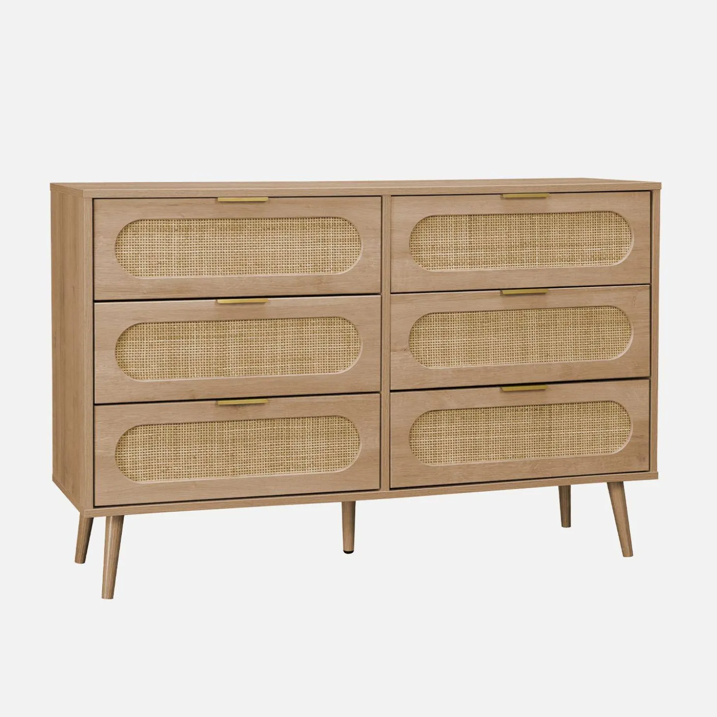 Wood and rounded cane chest of drawers, 6 drawers