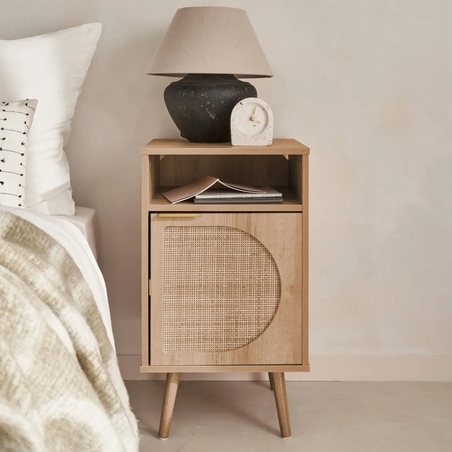 Wood and rounded cane rattan bedside table
