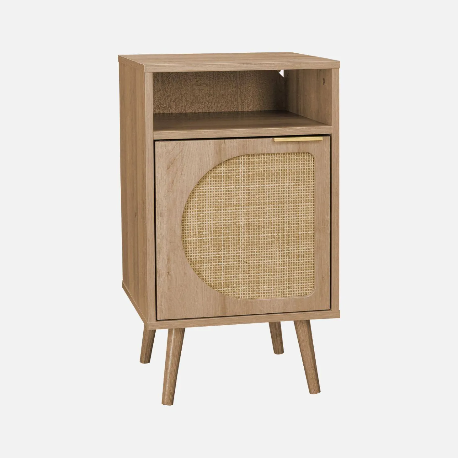 Wood and rounded cane rattan bedside table