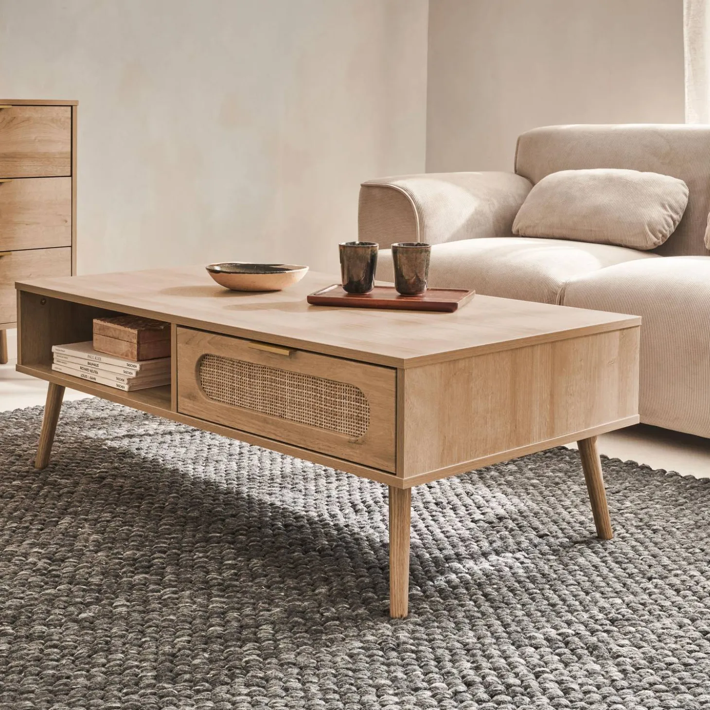 Wood and rounded cane rattan coffee table