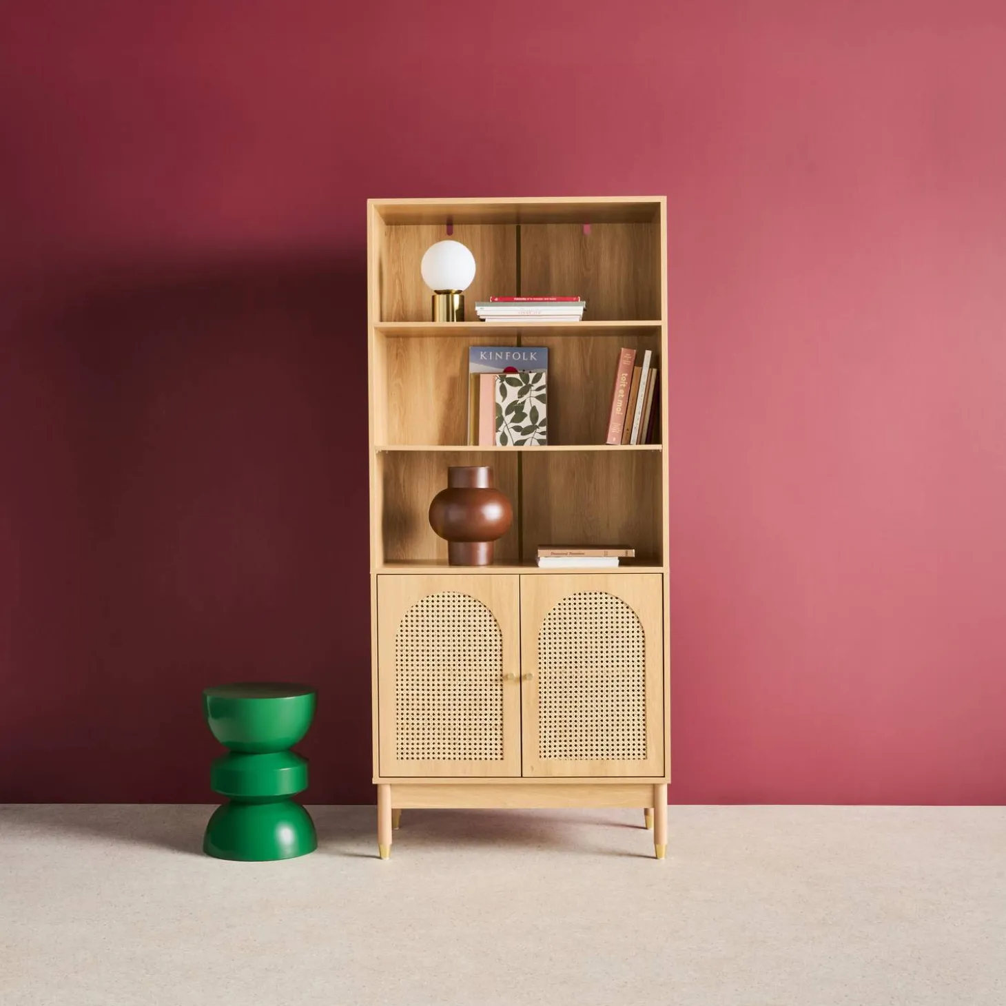 Wood decor and cane bookshelf 4 levels 2 doors