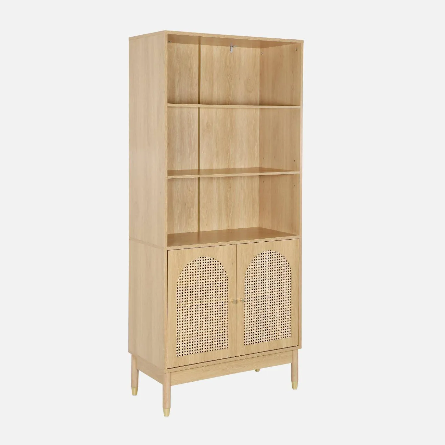 Wood decor and cane bookshelf 4 levels 2 doors