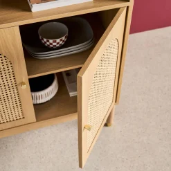 Wood decor and cane bookshelf 4 levels 2 doors