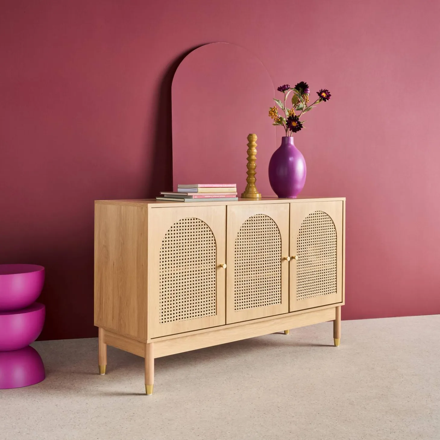 Wood decor and rattan sideboard 3 doors 120cm