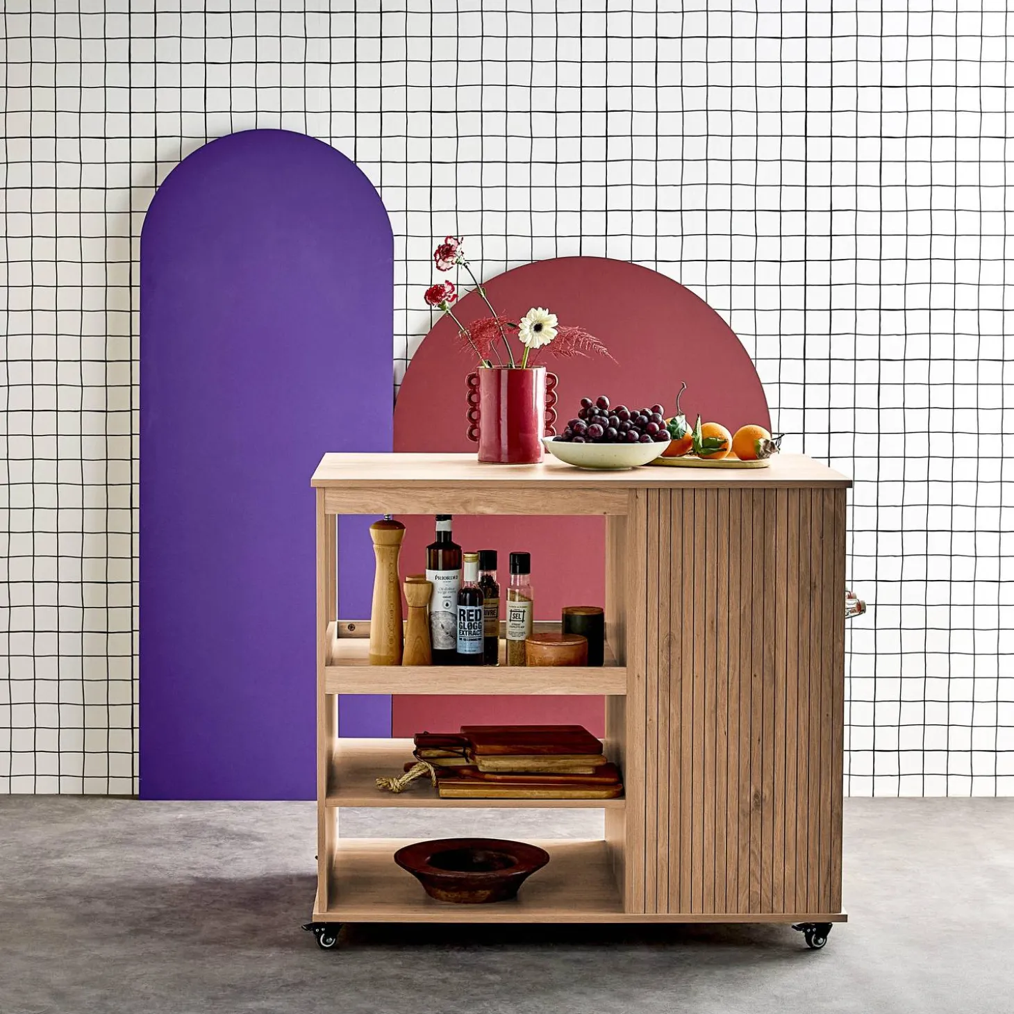 Wood decor kitchen island with wine rack L100cm