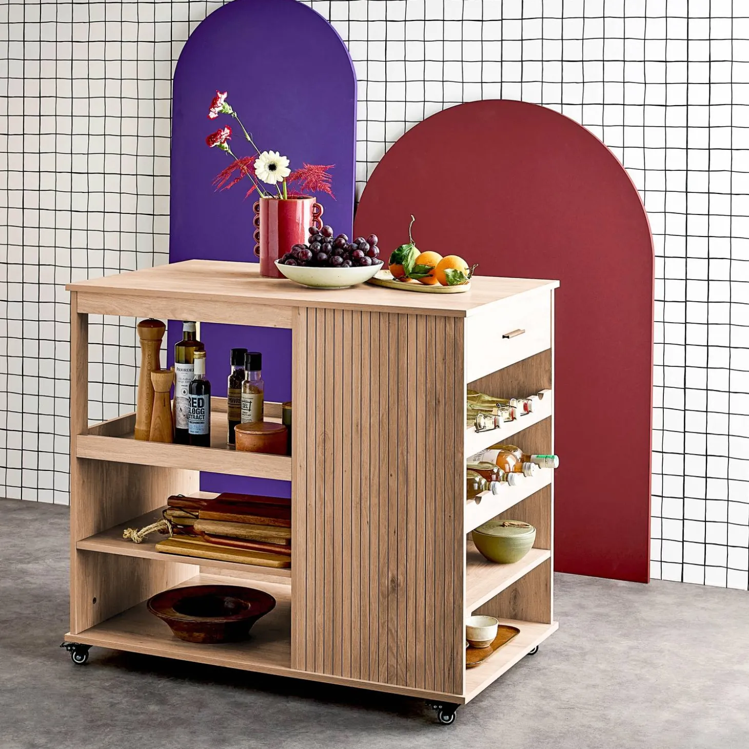 Wood decor kitchen island with wine rack L100cm