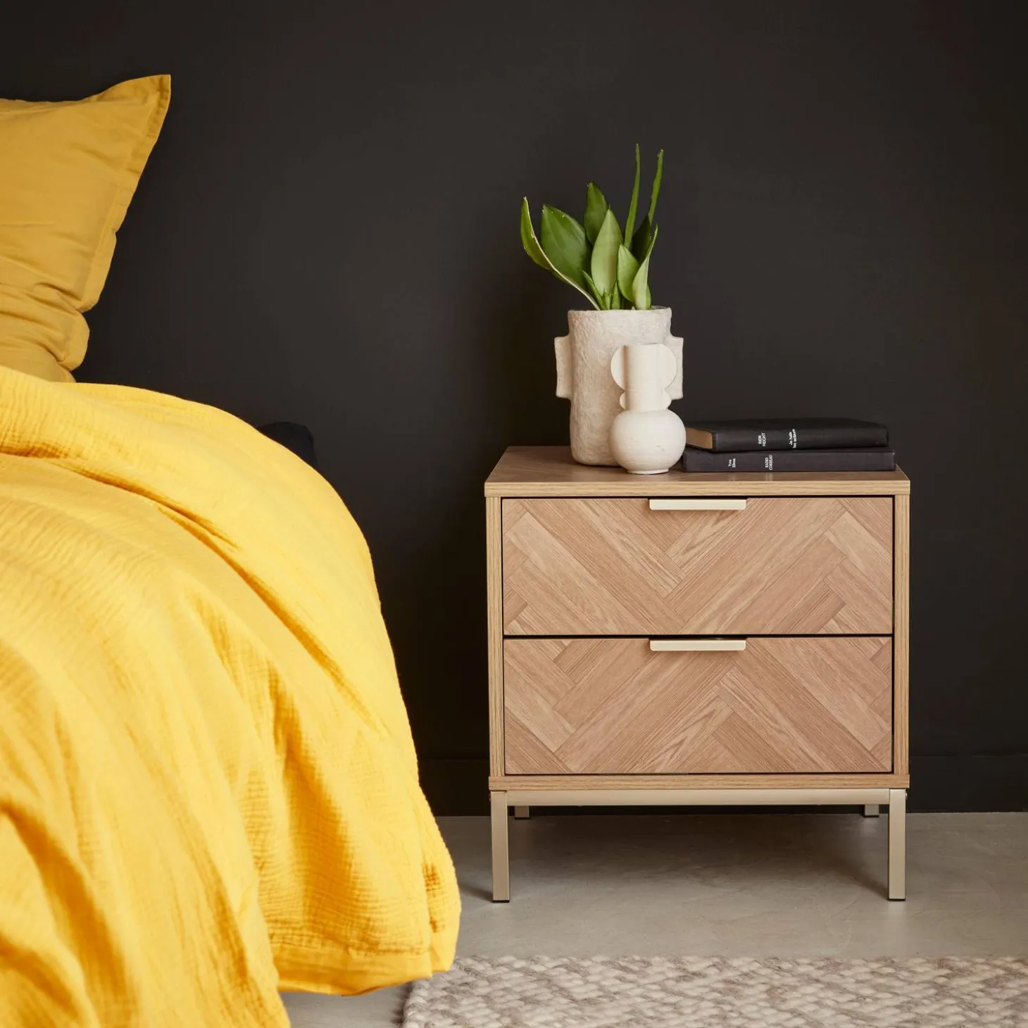 Wood-effect bedside table with herringbone pattern