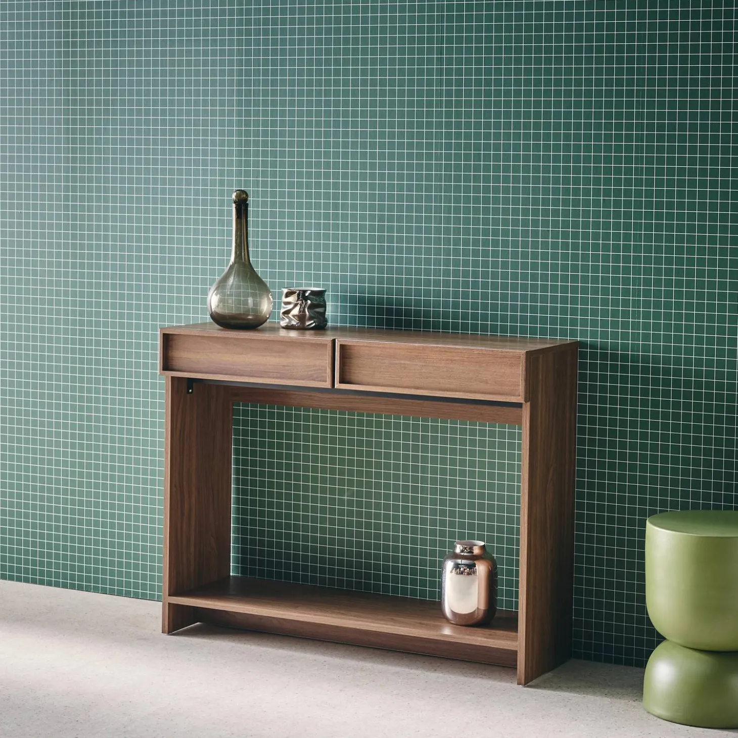 Wood effect console 2 drawers and shelf