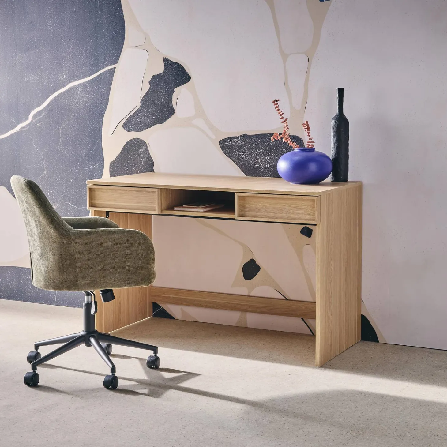 Wood effect desk 2 drawers 1 shelf 120cm