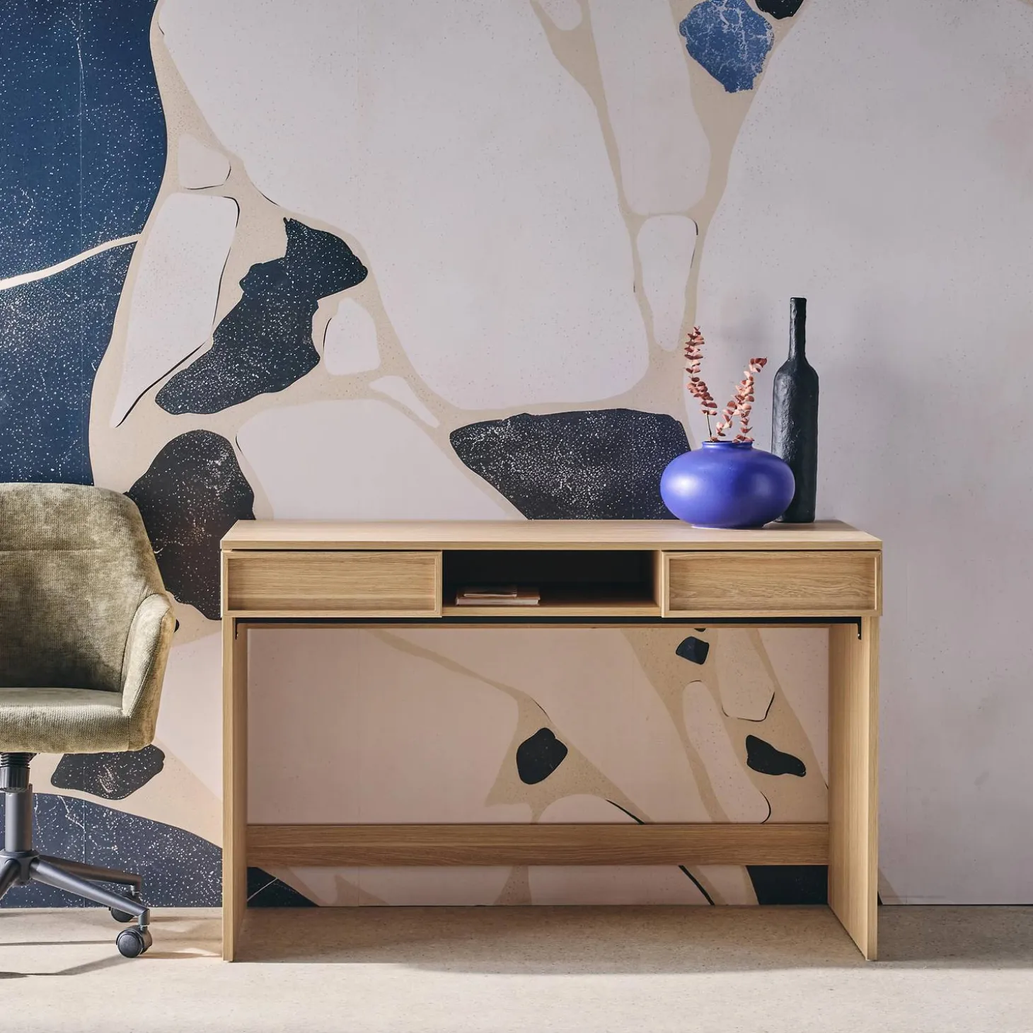 Wood effect desk 2 drawers 1 shelf 120cm