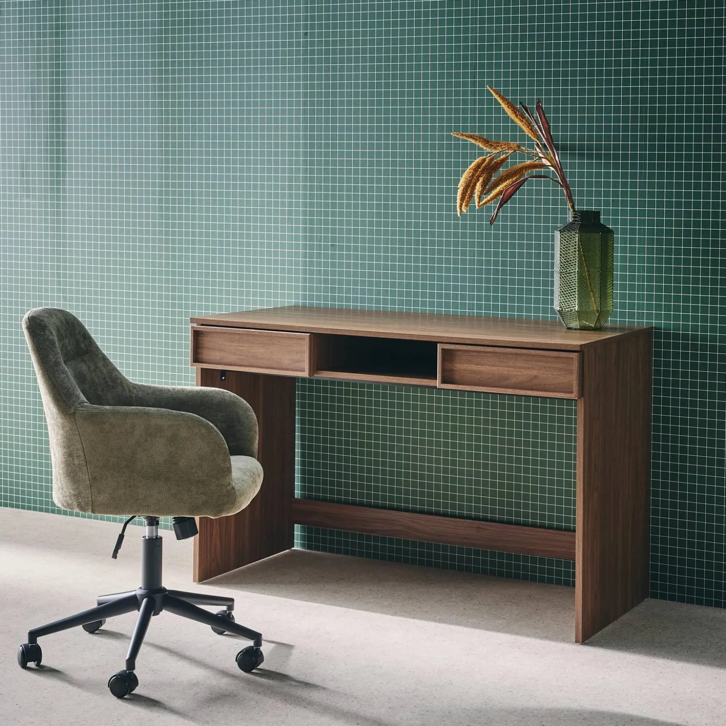 Wood effect desk 2 drawers 1 shelf 120cm