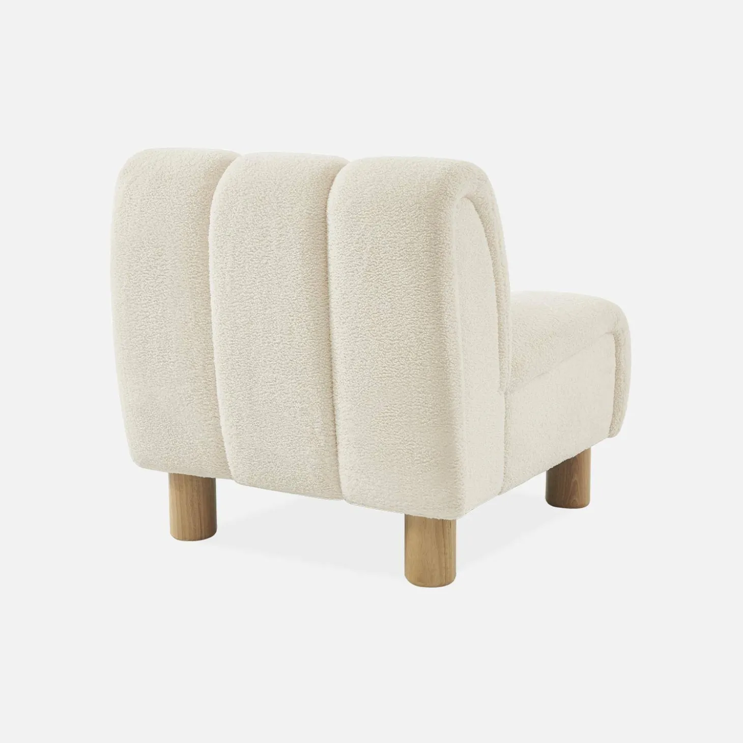 Wooden armchair with rounded legs in boucle fabric