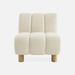 Wooden armchair with rounded legs in boucle fabric