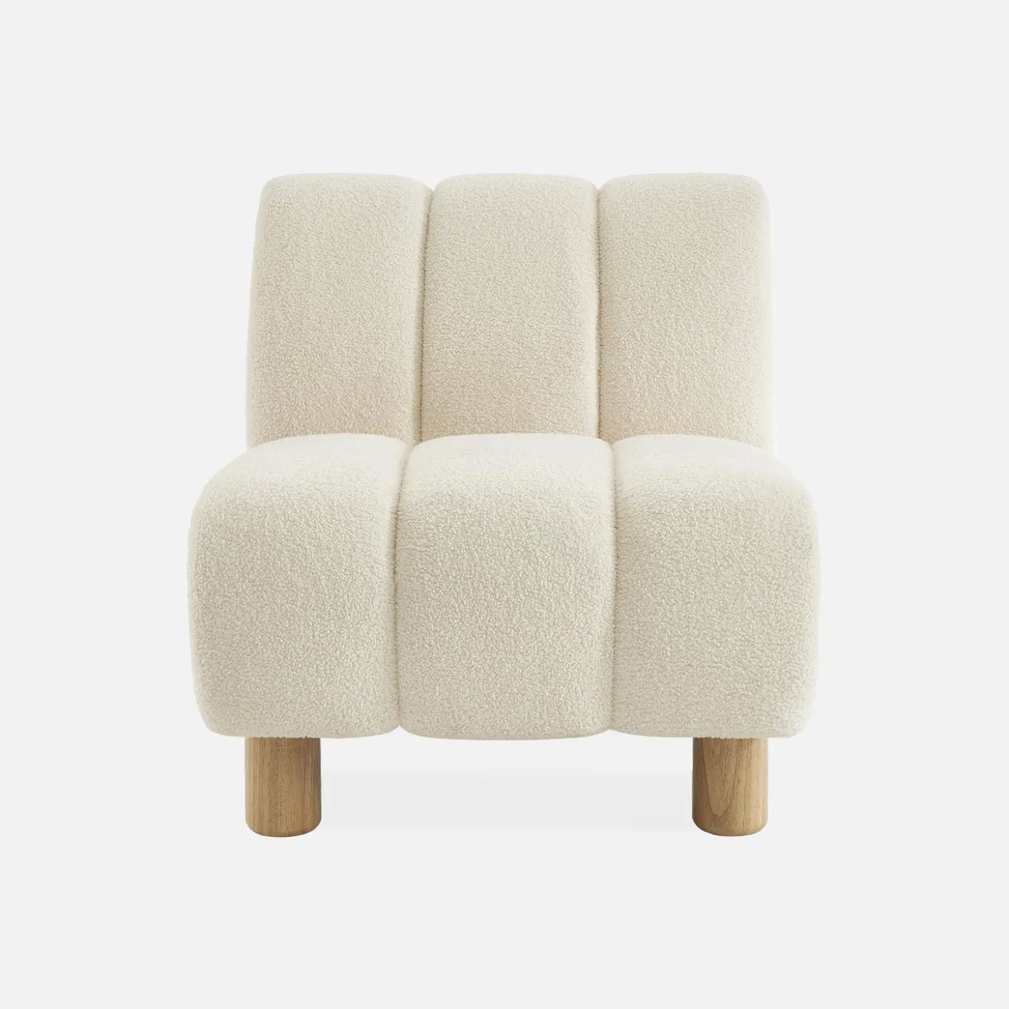Wooden armchair with rounded legs in boucle fabric