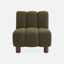 Wooden armchair with rounded legs in boucle fabric