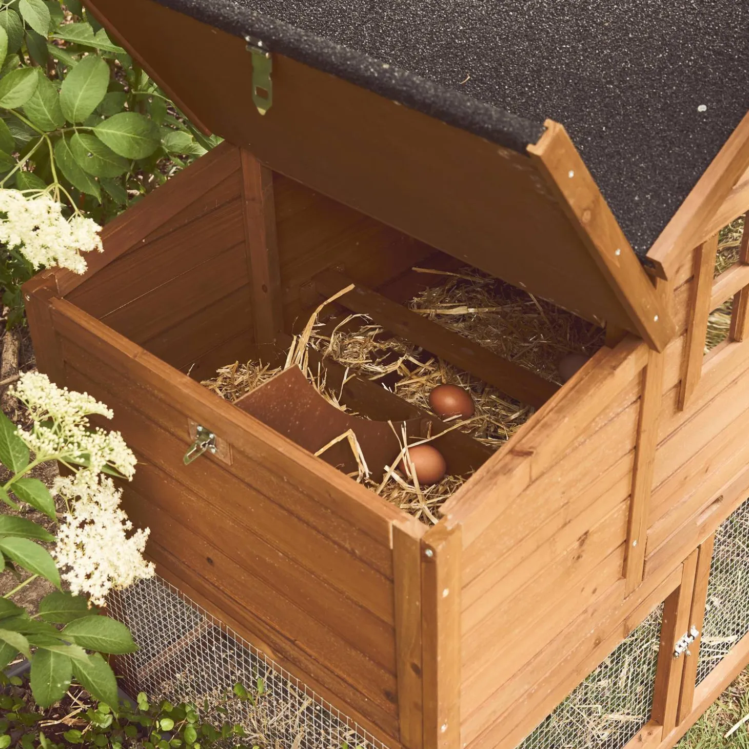 Wooden chicken coop for 4 chickens with nesting box