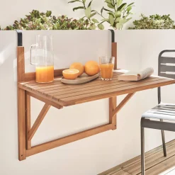 Wooden side table for balcony, foldable