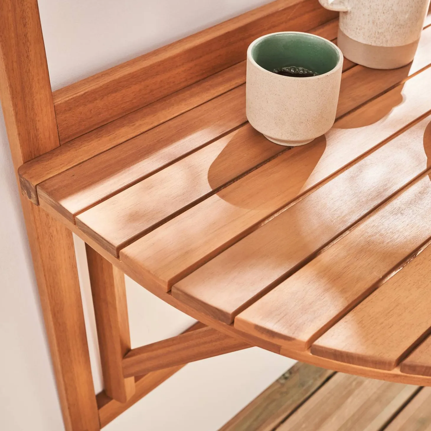 Wooden side table for balcony, foldable