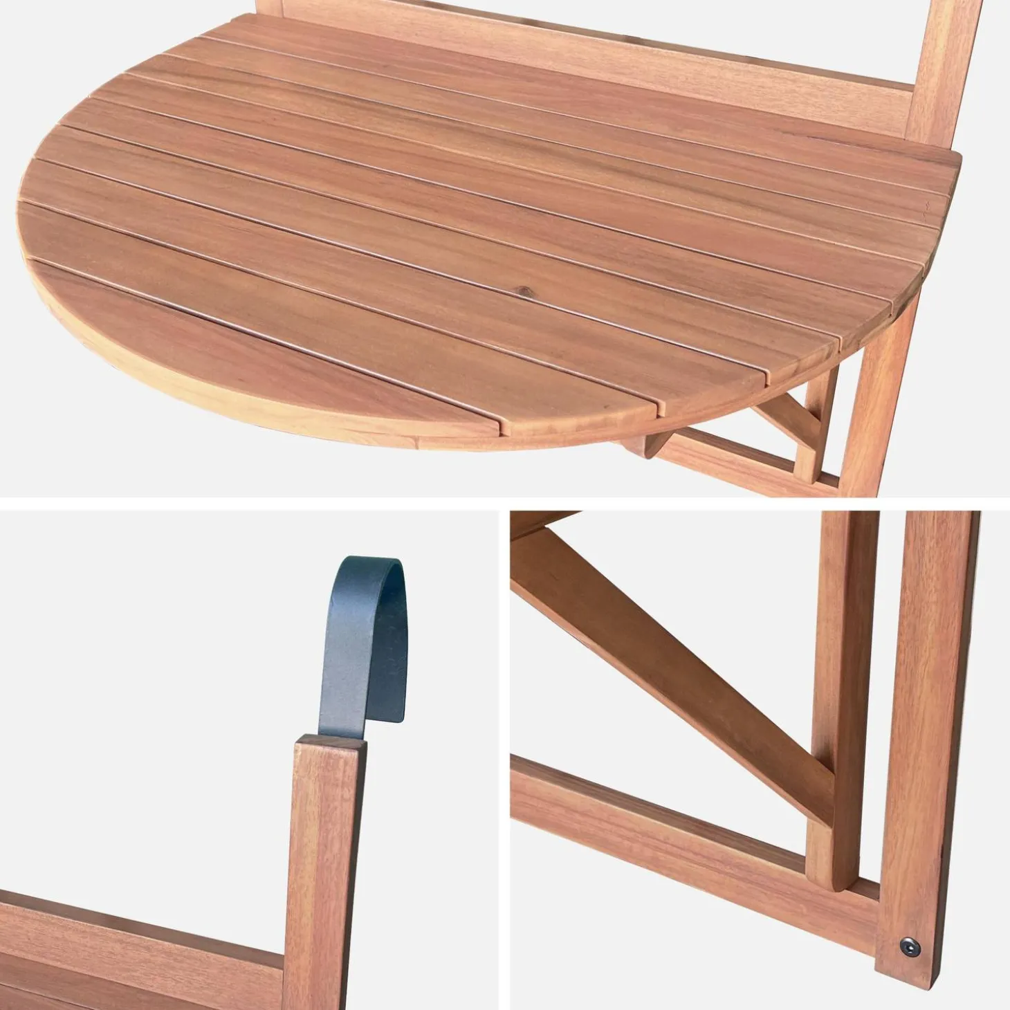 Wooden side table for balcony, foldable