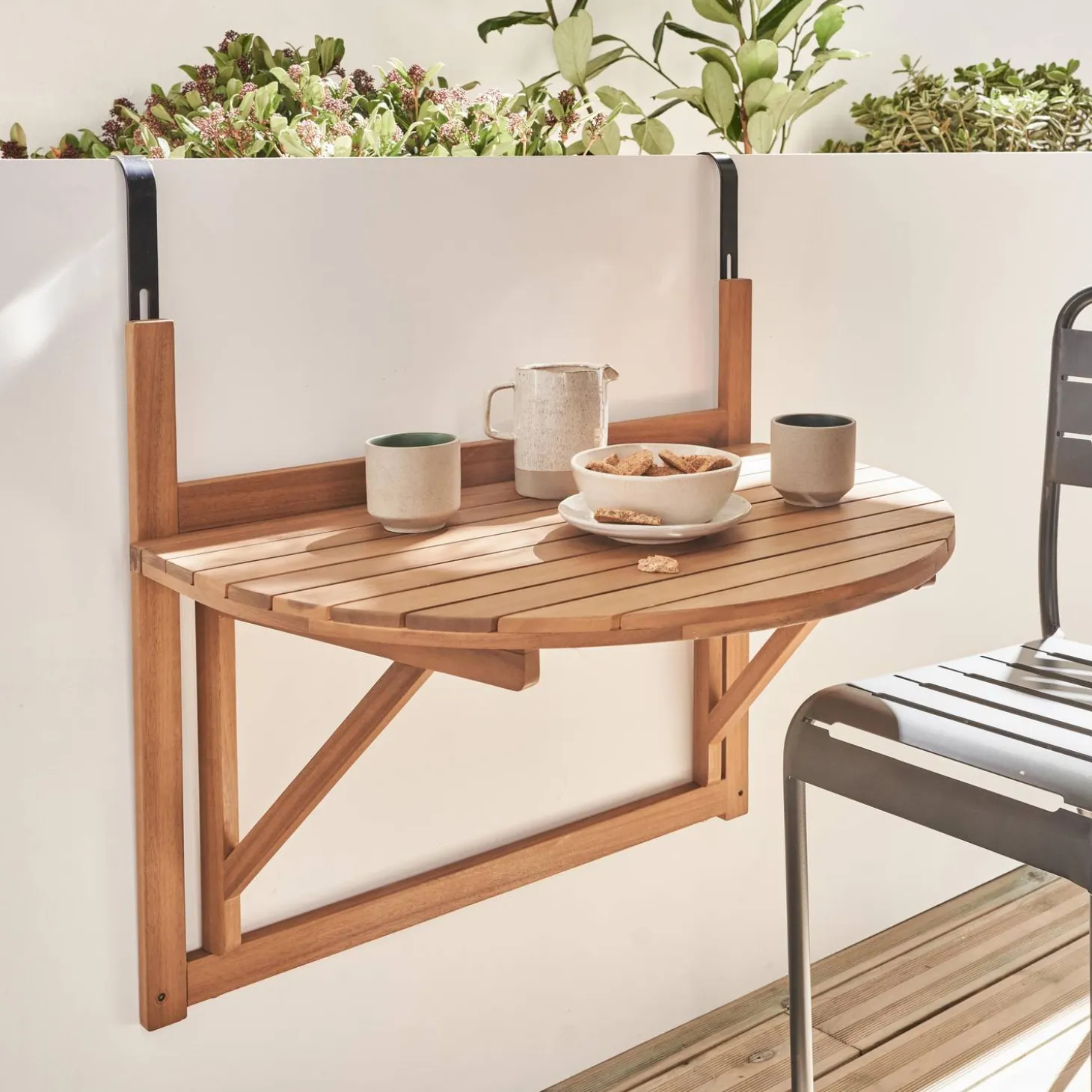 Wooden side table for balcony, foldable