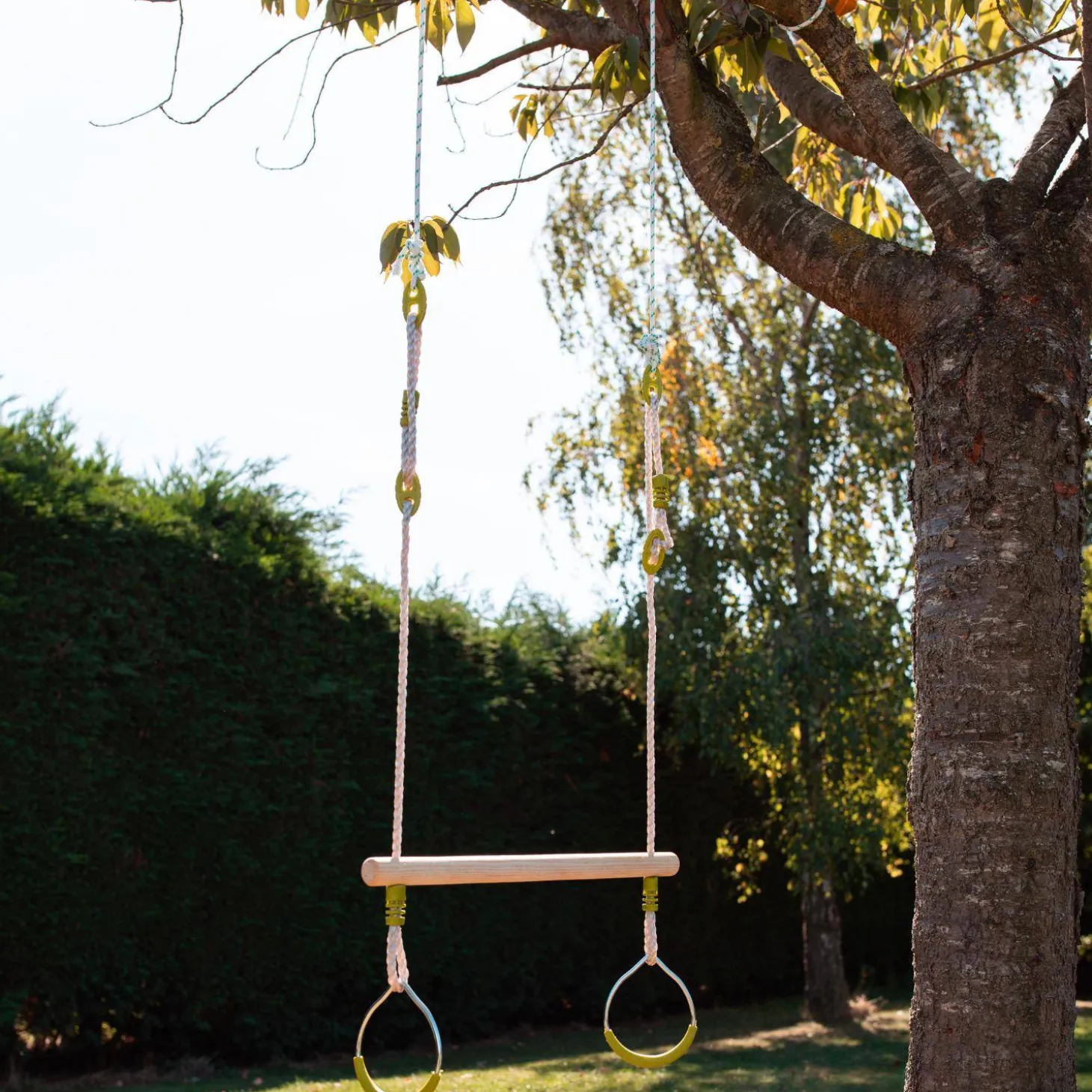 Wooden trapeze with metal rings