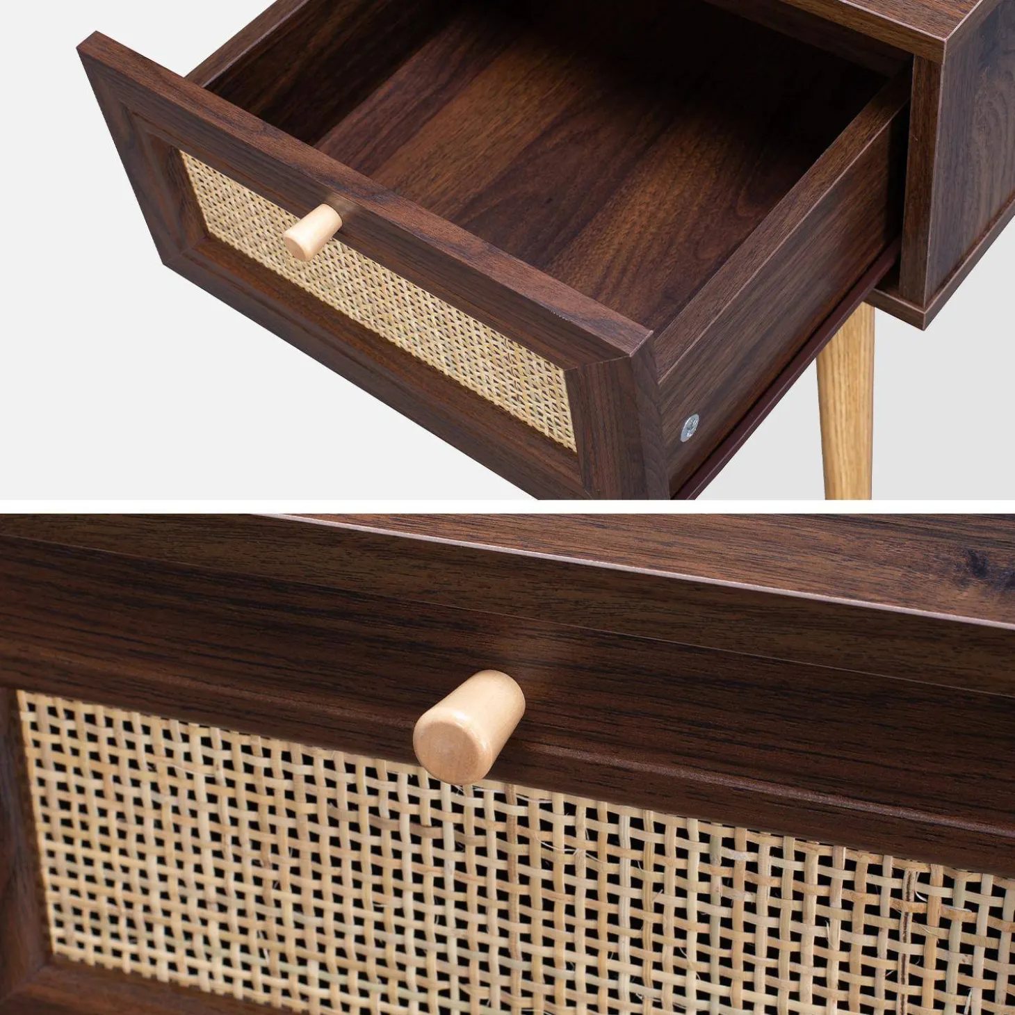 Woven rattan bedside table with drawer
