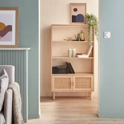 Woven rattan bookcase with storage cupboard
