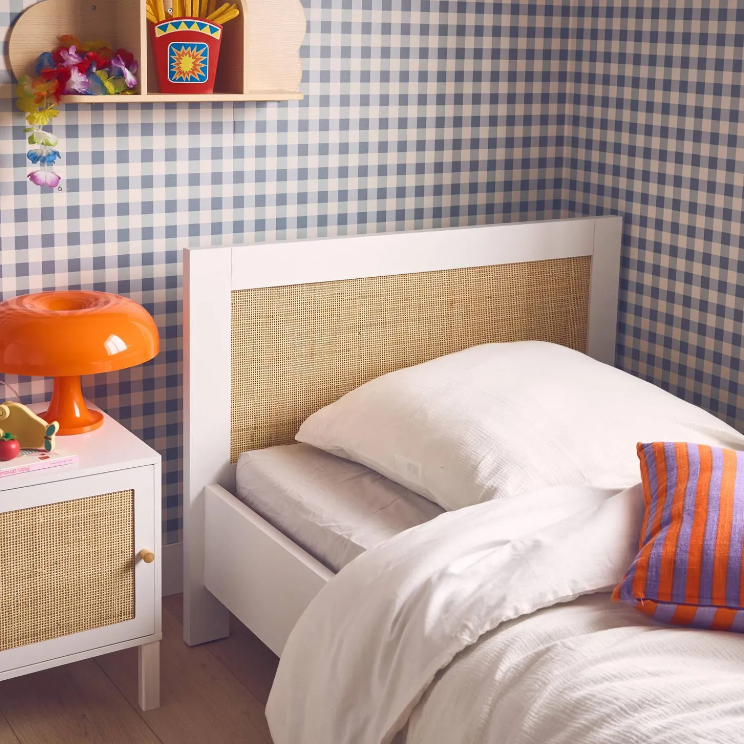 90 x 190cm white wood and cane effect children's bed, including bed base