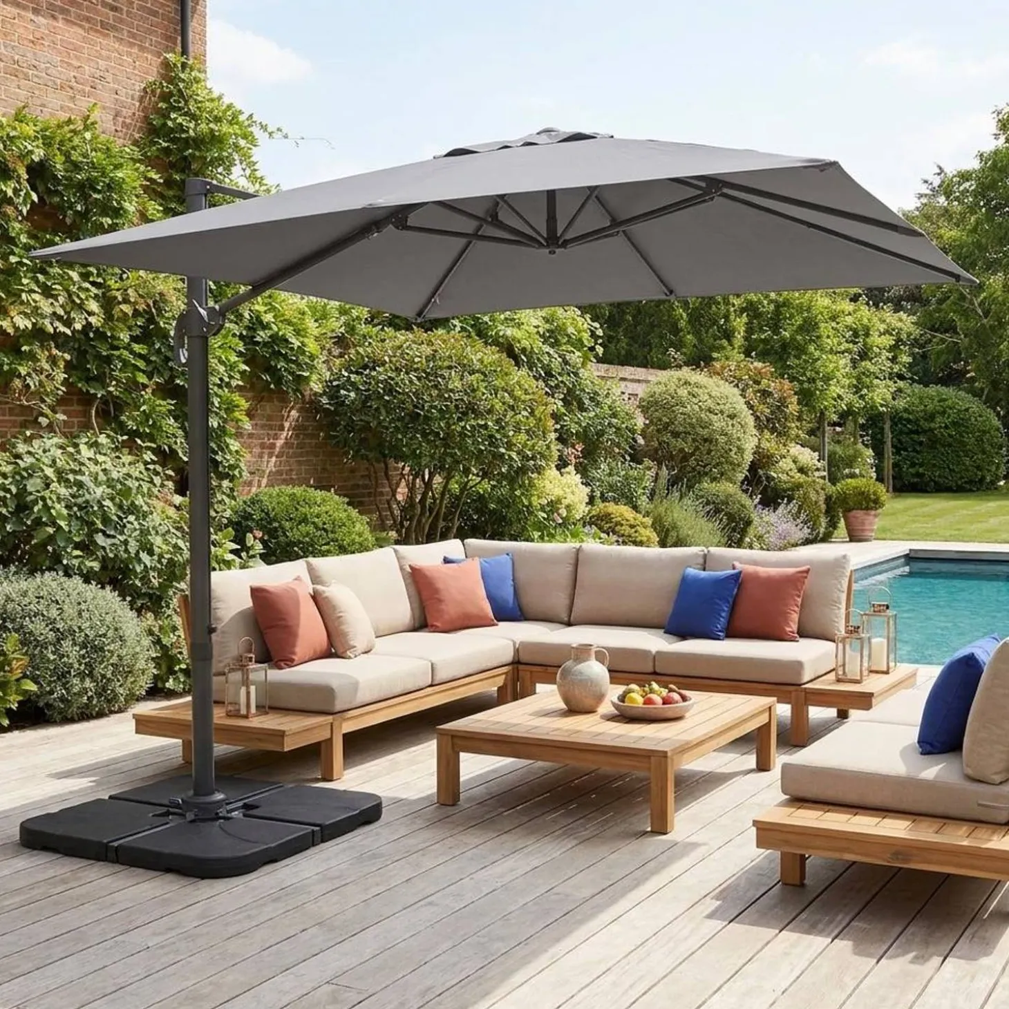 3x3m cantilever parasol + 50x50cm weighted slabs with protected cover included