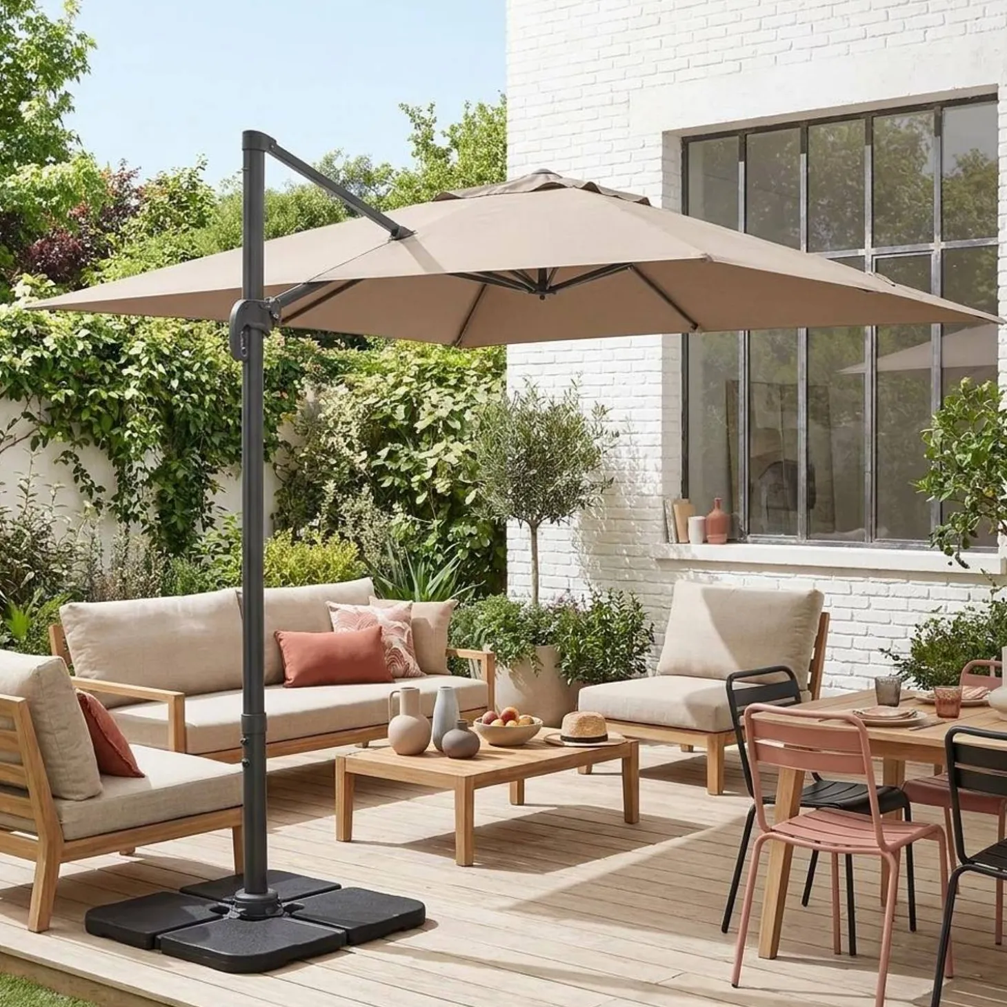 3x3m cantilever parasol + 50x50cm weighted slabs with protected cover included