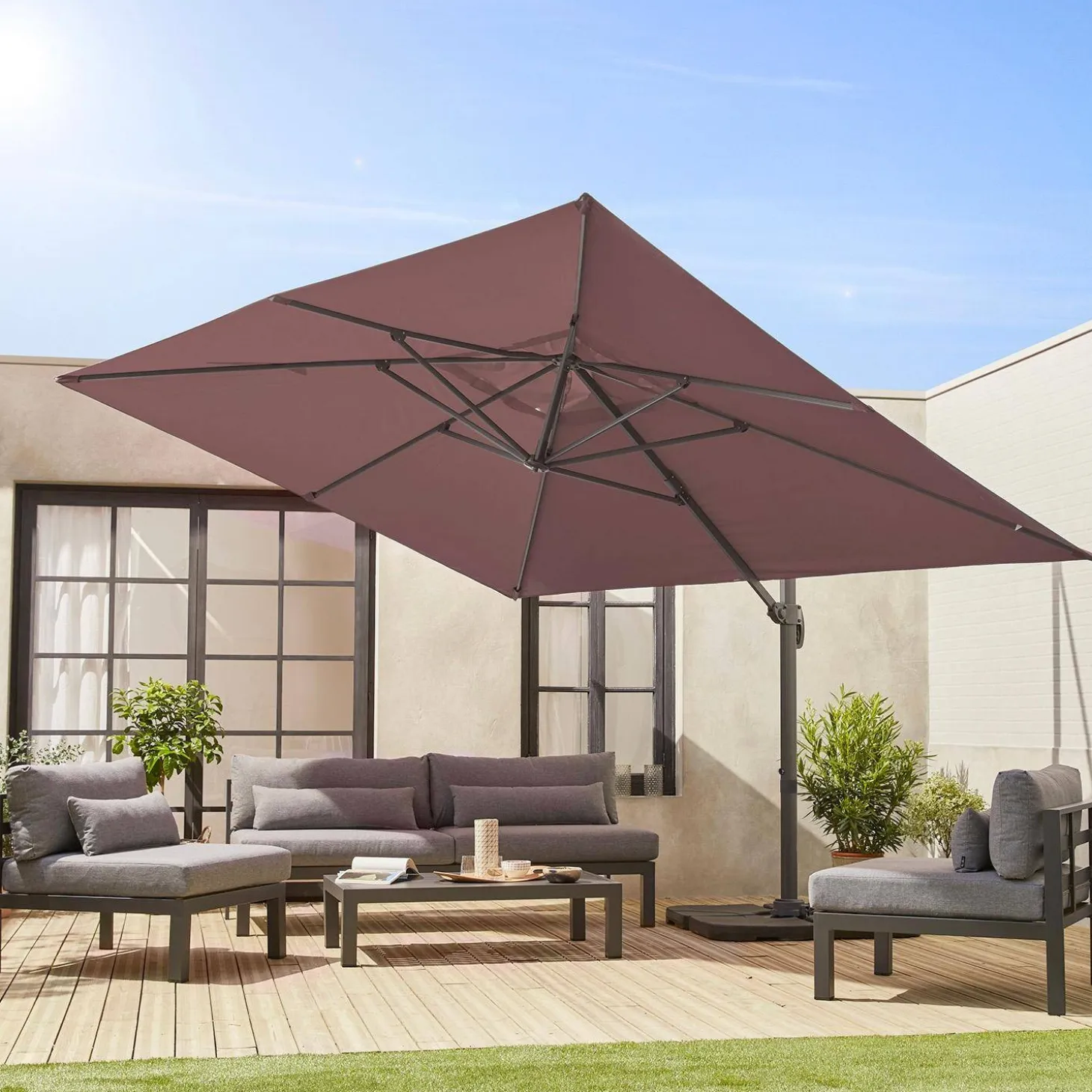3x4m offset rectangular parasol with 50x50cm weighted slabs